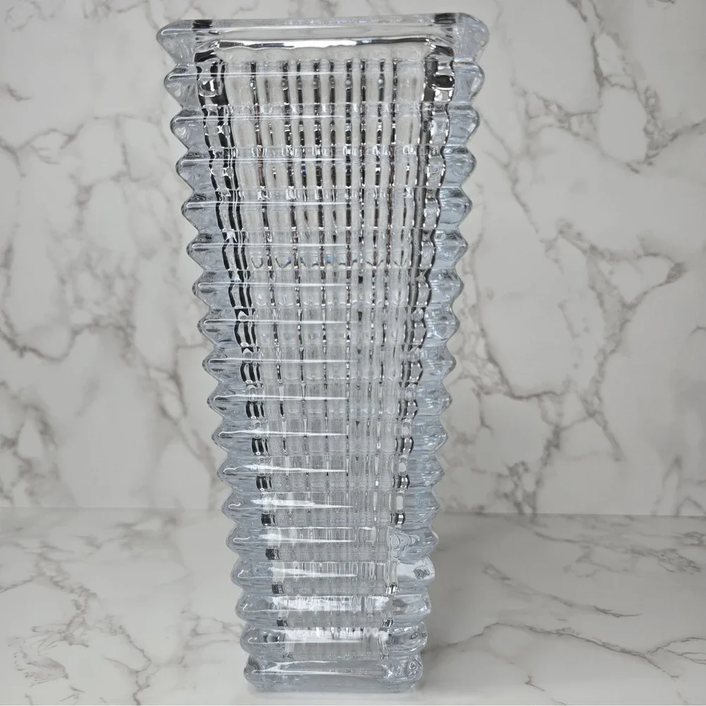 Heavy Clear Crystal Ribbed Tapered Rectangular Vase 10 Inch Modern Decor